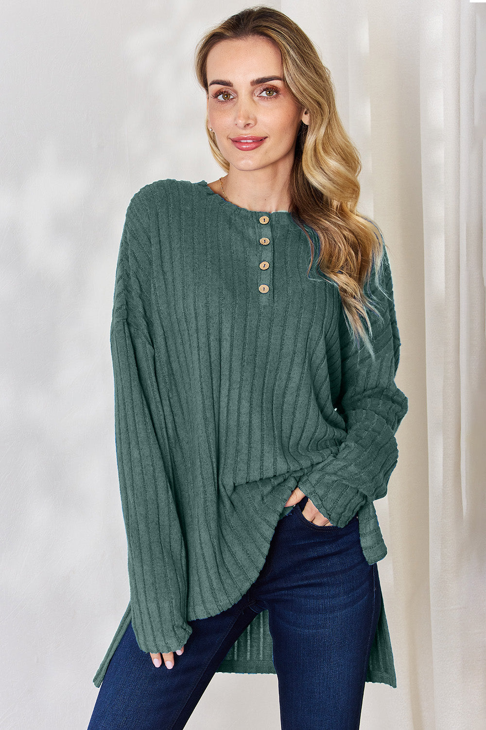 Ribbed Half Button Long Sleeve High-Low T-Shirt - 5 Colors