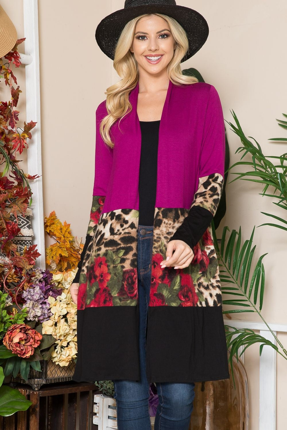 Magenta Floral Color Block Open Front Cardigan