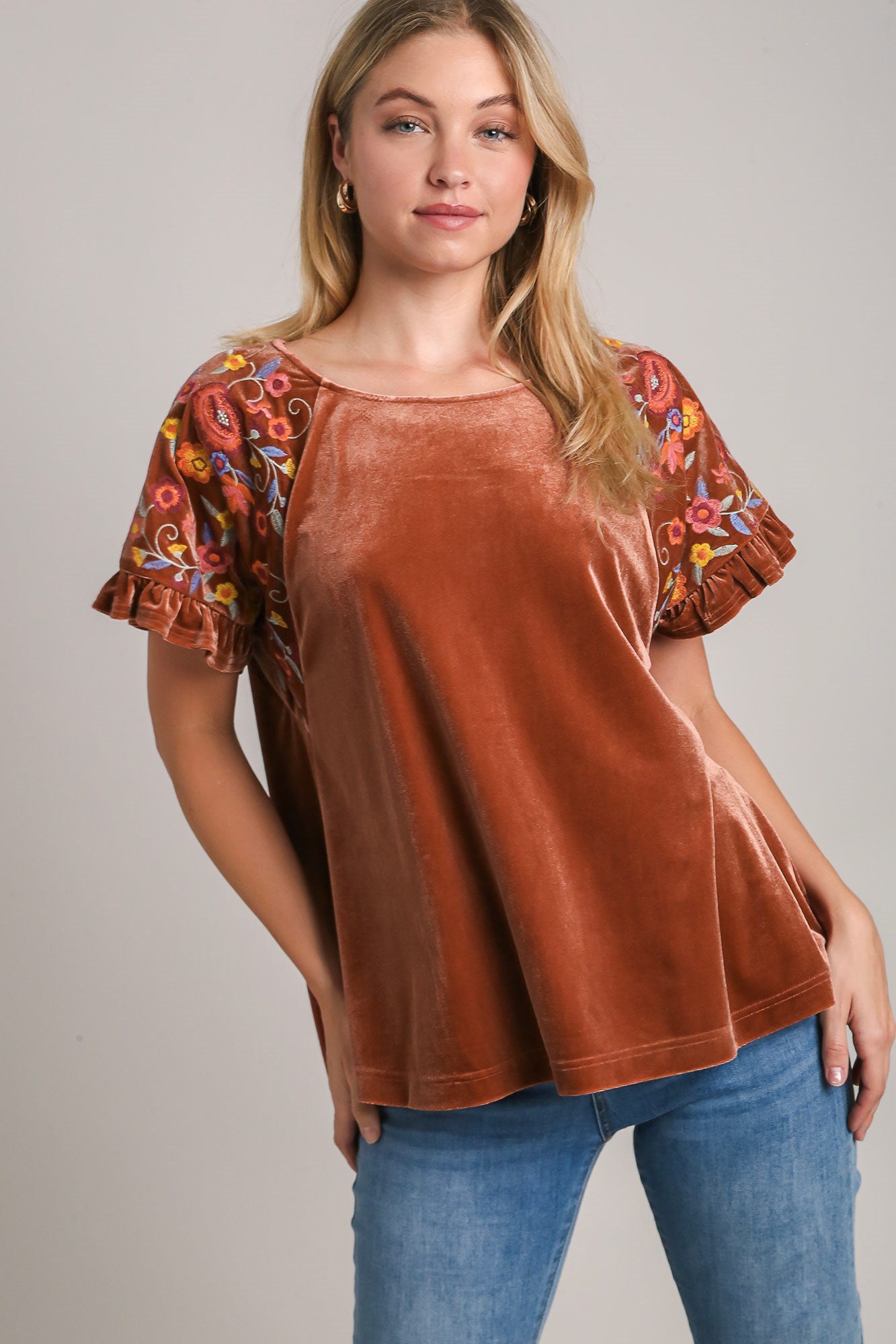 Velvet Embroidery Short Sleeve Blouse - Brown