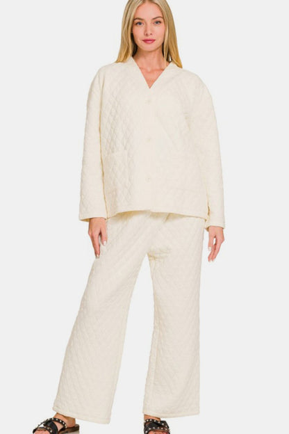 Quilted Button Up Long Sleeve Top and Pants Lounge Set - Cream