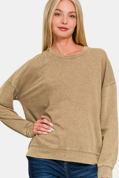 Washed Round Neck Dropped Shoulder Sweatshirt - Camel