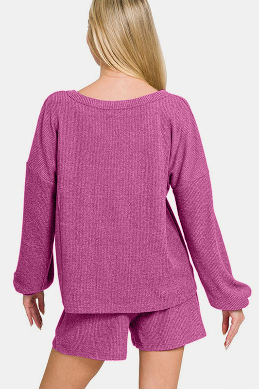 V-Neck Long Sleeve Ribbed Top and Shorts Set - Red Violet