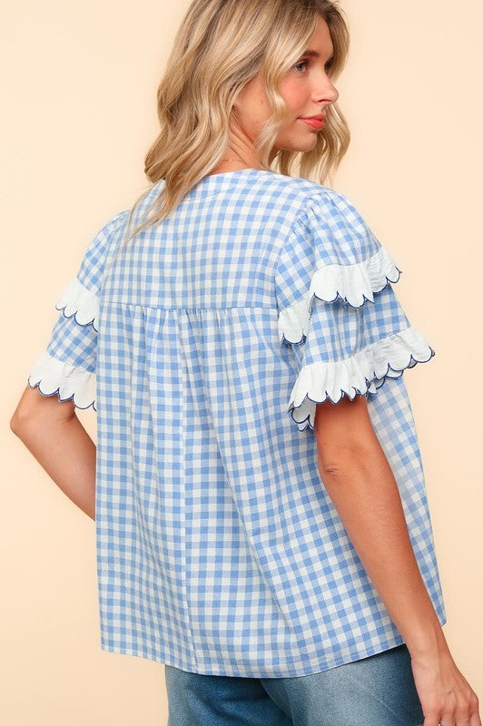 Plaid Scallop Hem Notched Short Sleeve Blouse