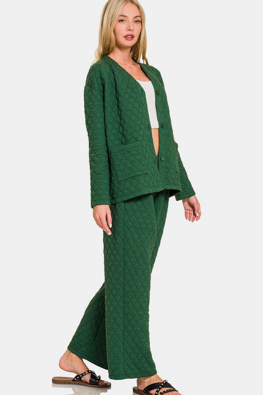 Quilted Button Up Long Sleeve Top and Pants Lounge Set - Green