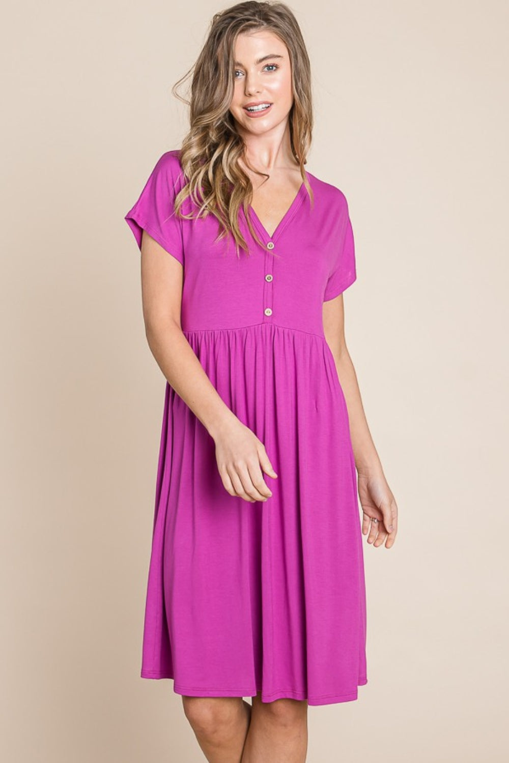 V-Neck Short Sleeve Button Detail Dress - Magenta