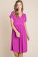 V-Neck Short Sleeve Button Detail Dress - Magenta