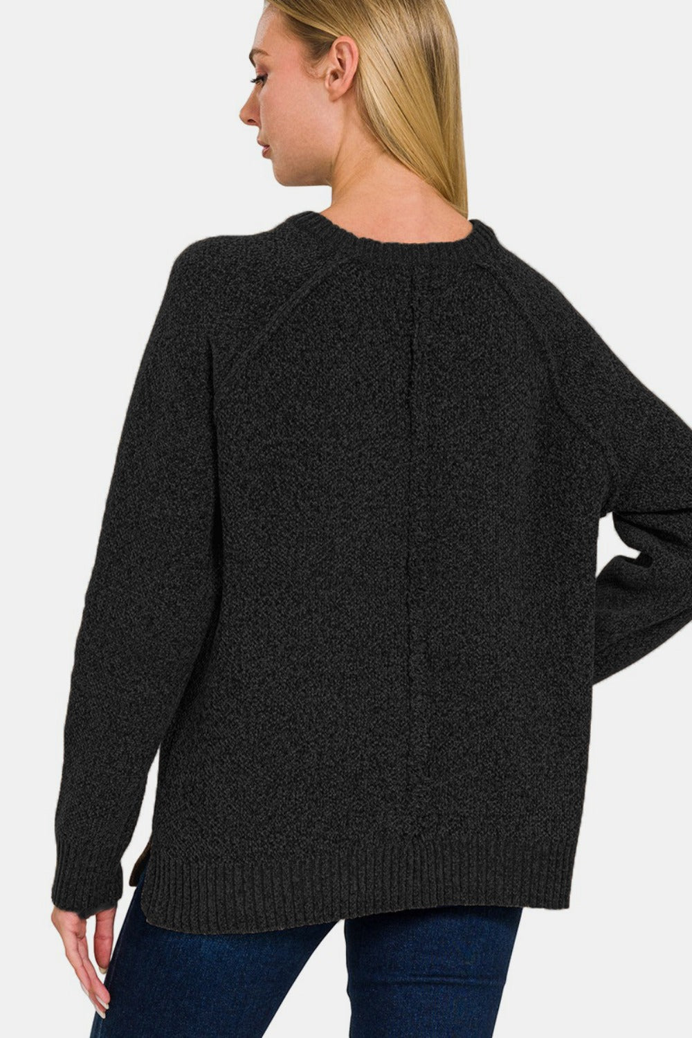 Side Slit Raglan Sleeve Sweater - Black