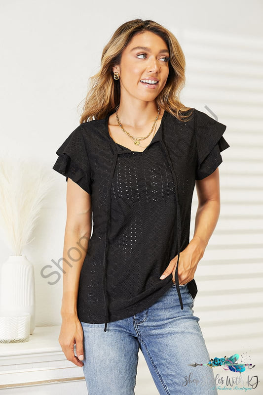 Double Take Eyelet Tie-Neck Flutter Sleeve Blouse Black / S Shirts & Tops