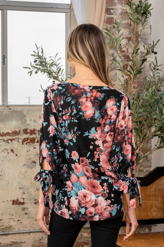 Floral V-Neck Top with Sleeve Knot