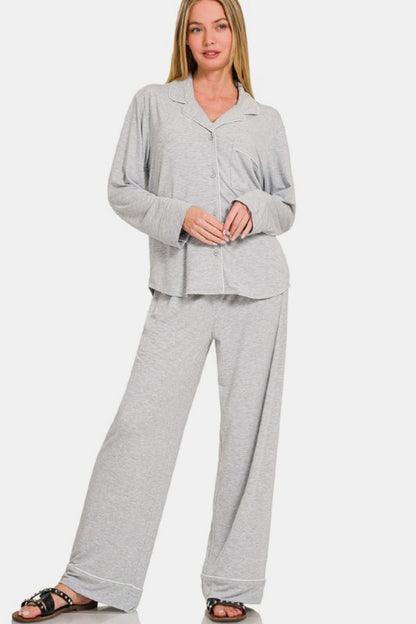 Button Down Long Sleeve Top and Pants Lounge Set - Gray