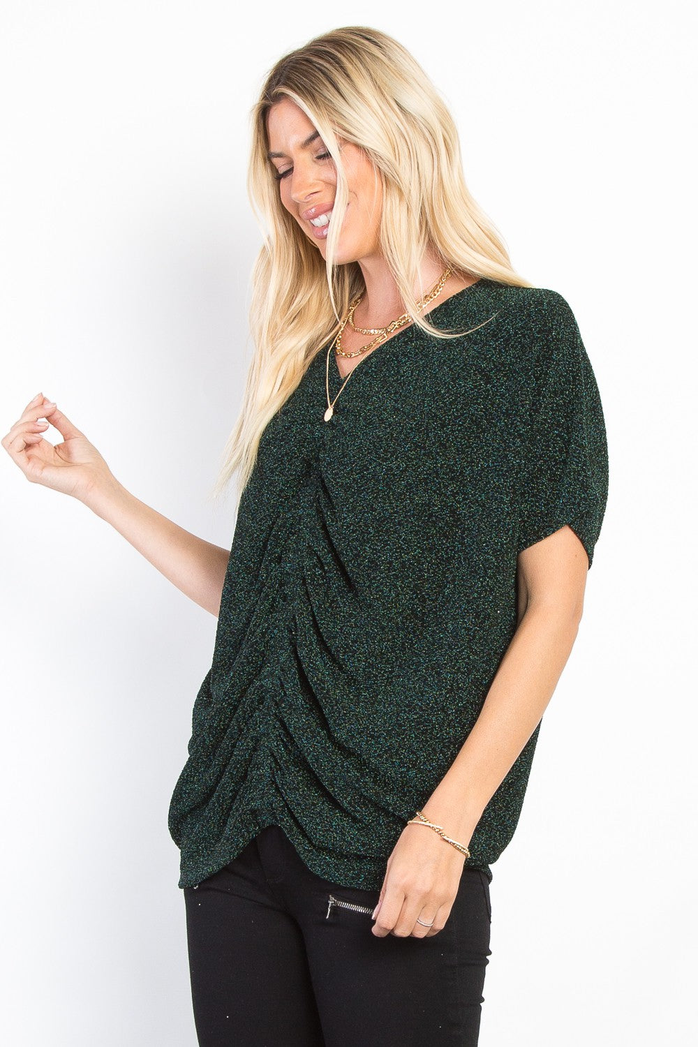 Lurex Center Elastic Cinched Knit Top - Hunter Green