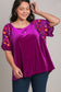 Velvet Embroidery Short Sleeve Blouse - Violet