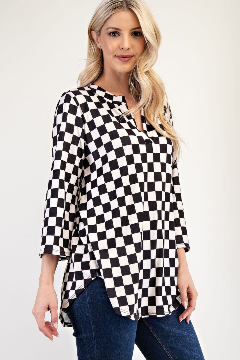 Curved Hem Checkered Notched Blouse