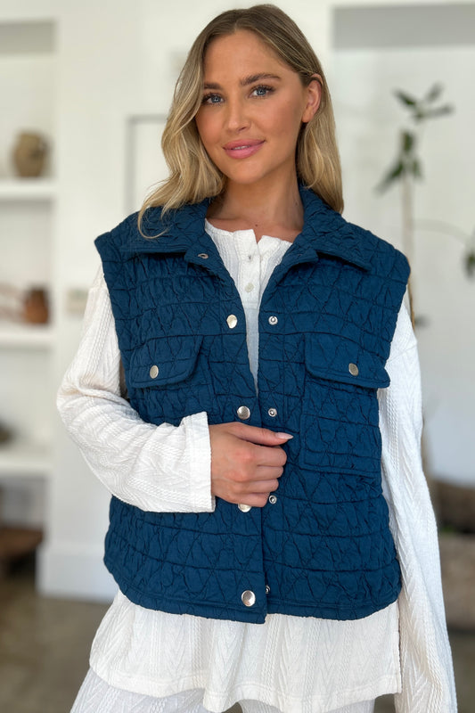 Pocketed Texture Snap Down Vest Coat - 2 Colors