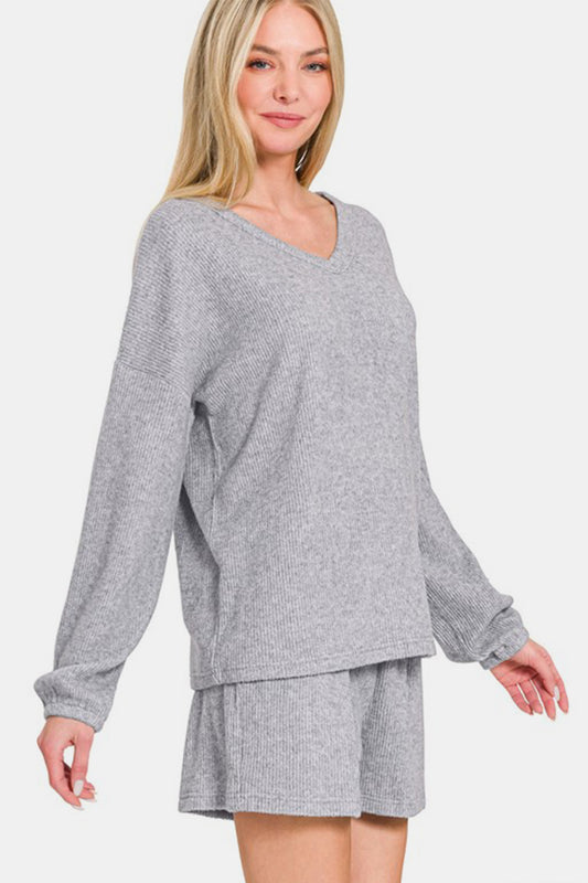 V-Neck Long Sleeve Ribbed Top and Shorts Set - Gray