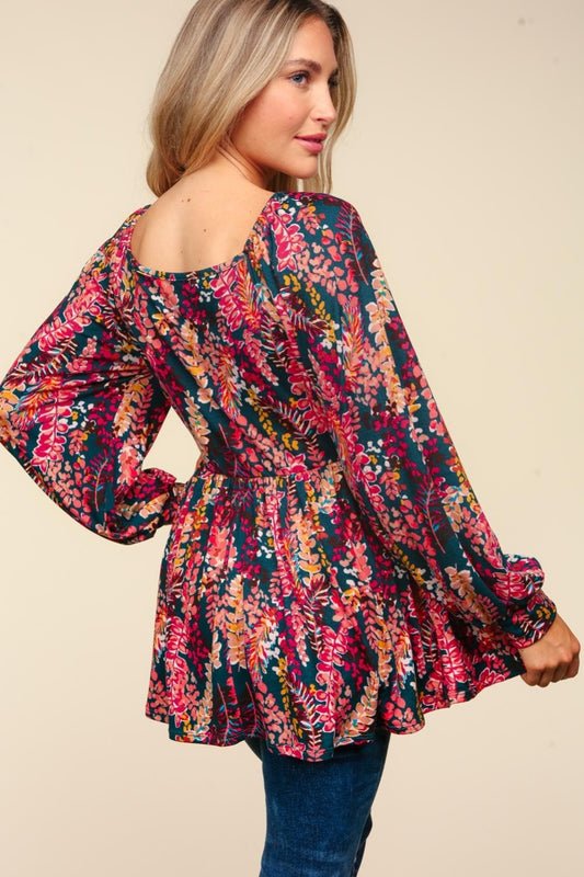 Peplum Floral Square Neck Long Sleeve Blouse - Green/Berry