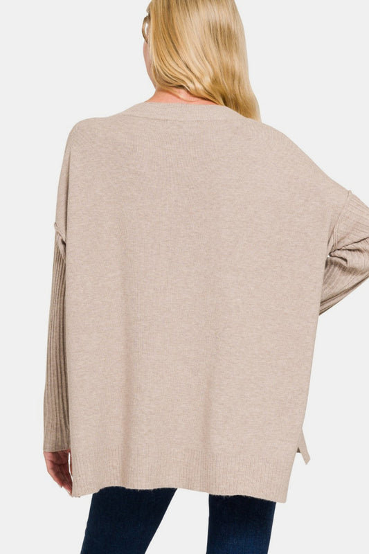 V-Neck Side Slit High-Low Sweater - Mocha