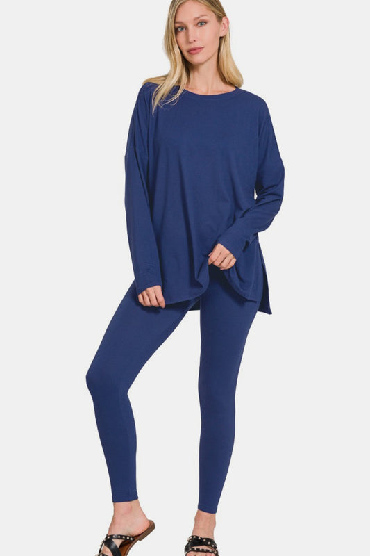 Brushed Microfiber Top and Leggings Lounge Set - Navy