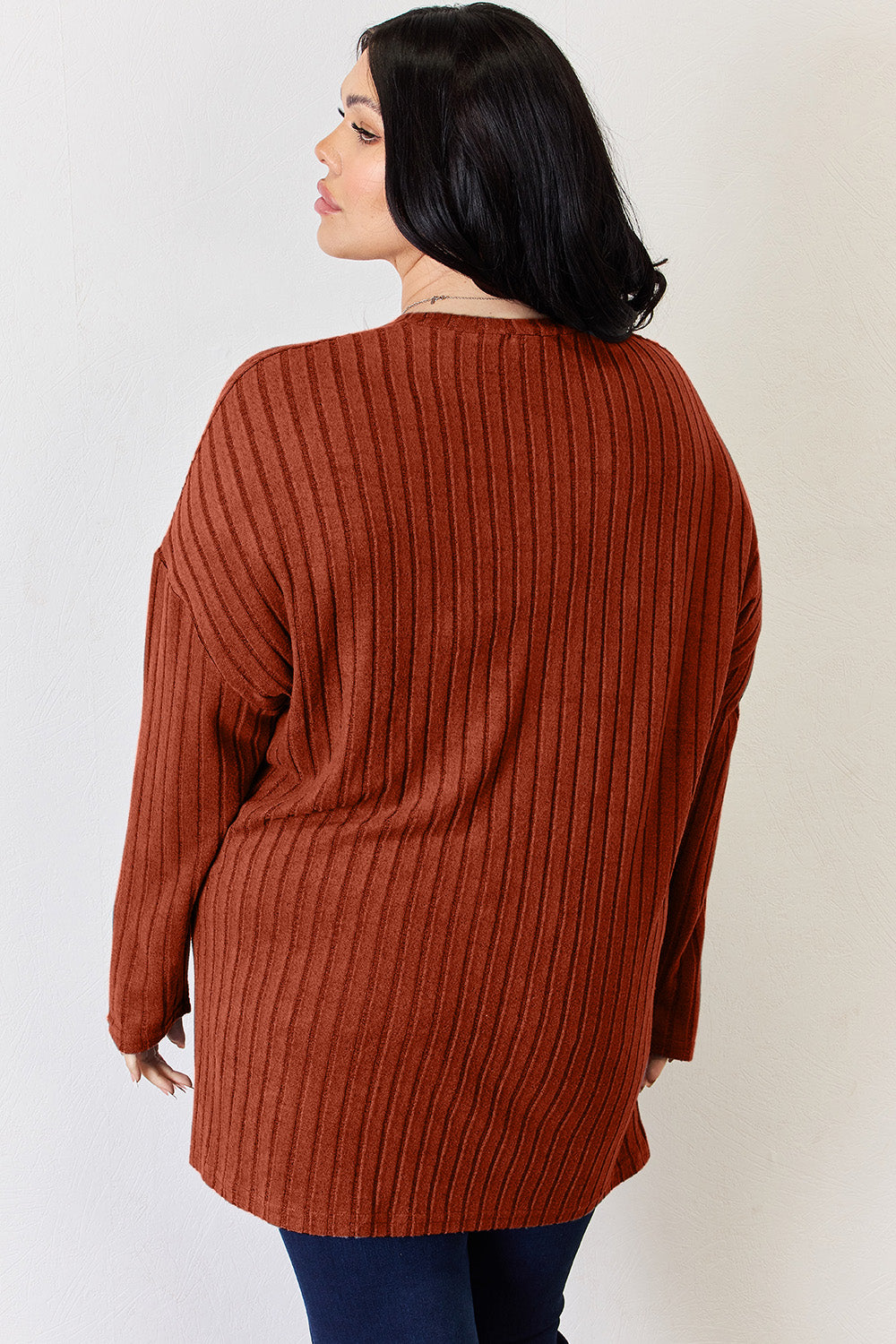 Ribbed Half Button Long Sleeve High-Low T-Shirt - 5 Colors