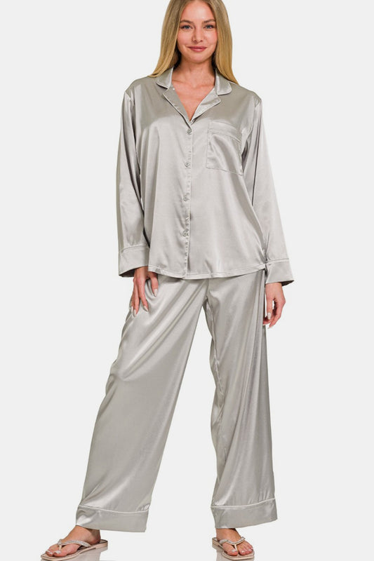 Satin Long Sleeve Shirt and Pants Pajama Set - Silver