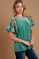 Velvet Embroidery Short Sleeve Blouse - Turquoise