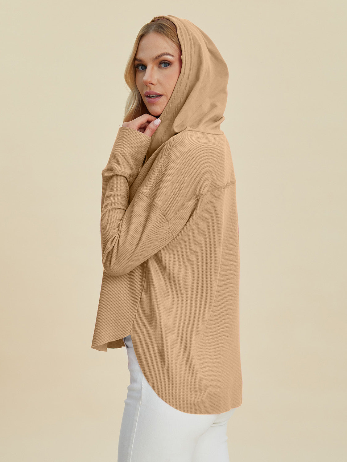 High-Low Dropped Shoulder Long Sleeve Hoodie - 2 Colors