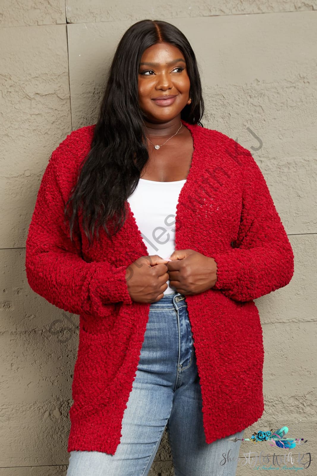 Zenana Falling For You Full Size Open Front Popcorn Cardigan Red / S
