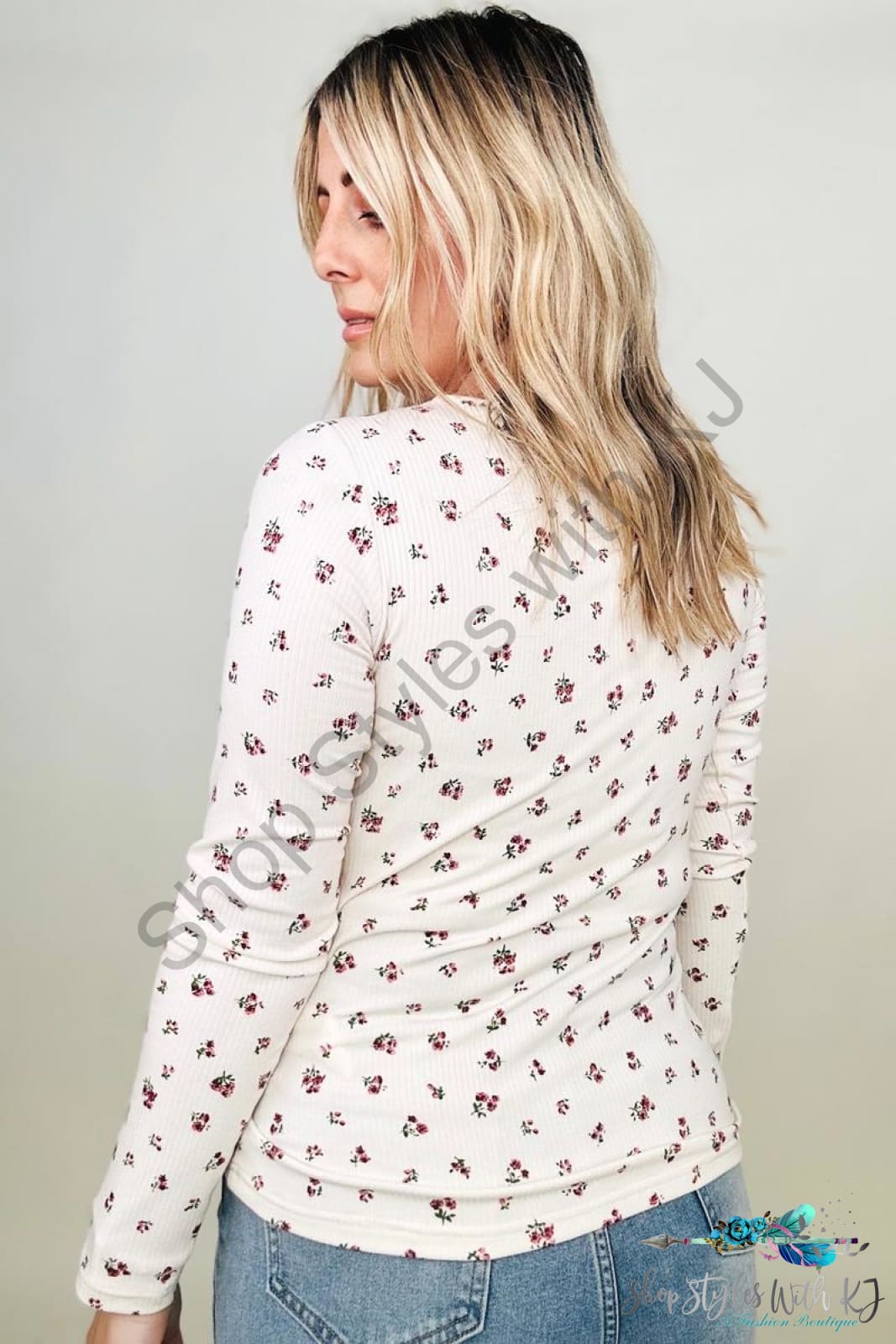 Fawnfit Ditsy Floral Henley Long Sleeve Top Blouses
