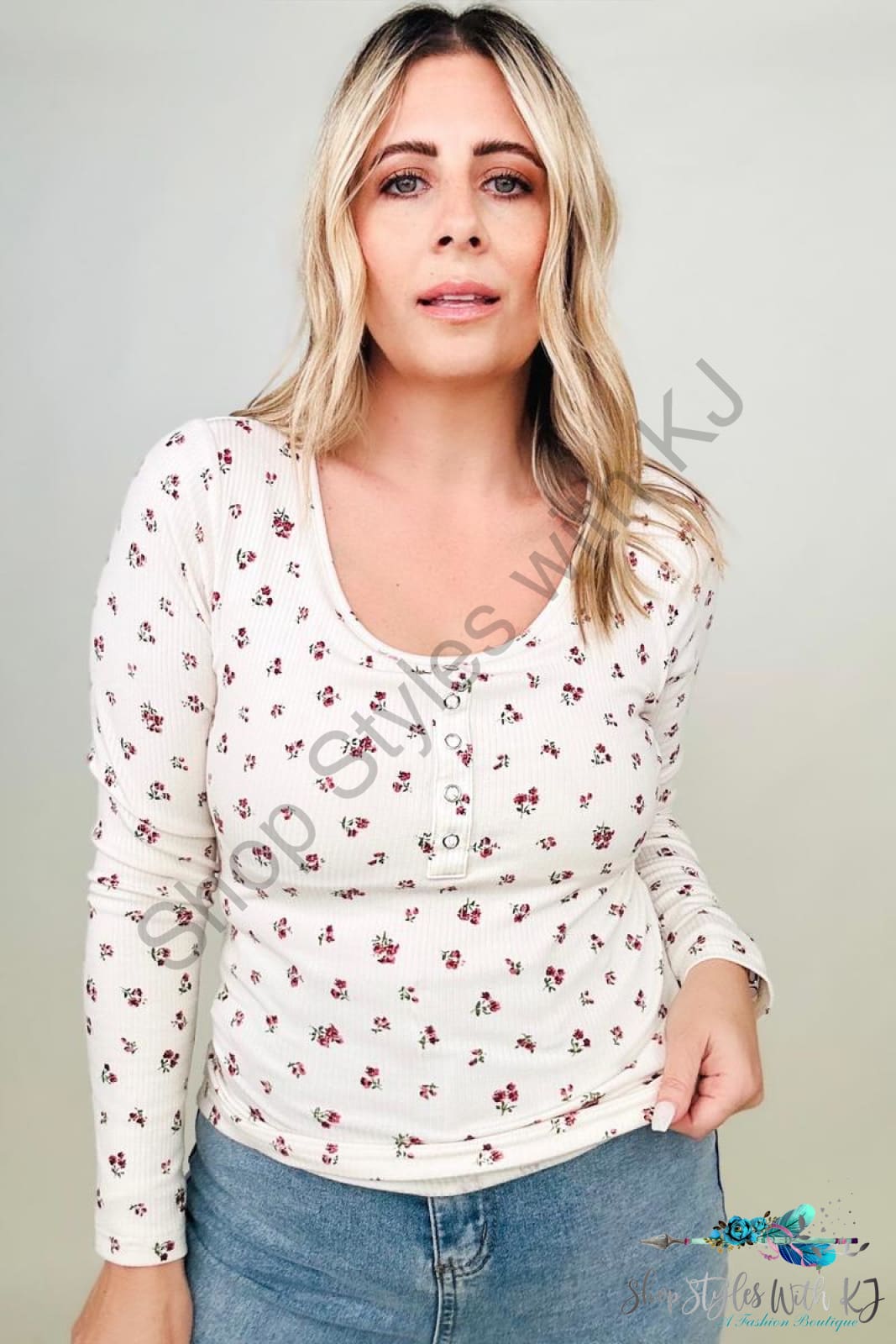 Fawnfit Ditsy Floral Henley Long Sleeve Top Blouses