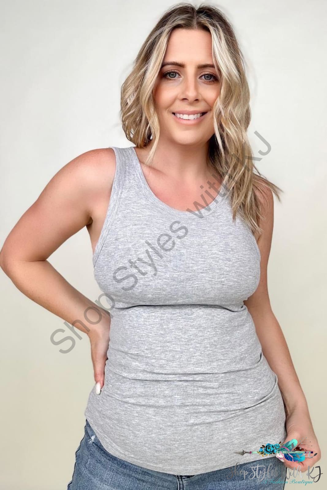 Fawnfit Slim Fit High Neck Ribbed Tank Top With Built-In Bra Gray / S Tops & Camis