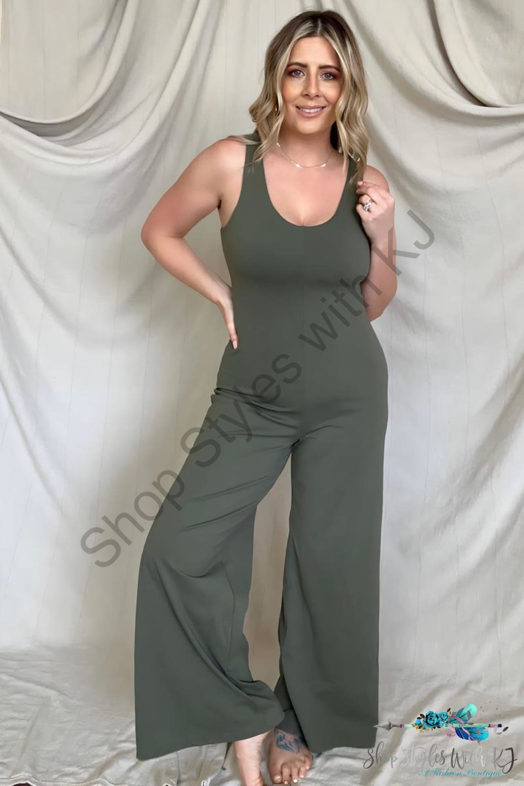 Fawnfit Wide Leg Sleeveless Jumpsuit With Built-In Bra Olive / S Jumpsuits