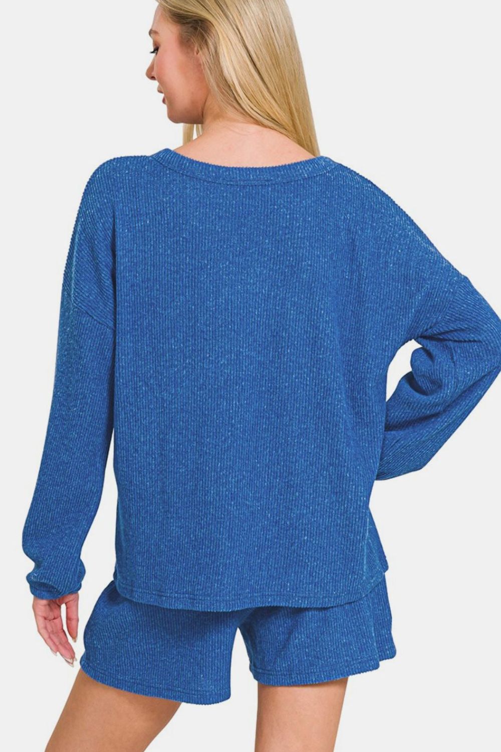 V-Neck Long Sleeve Ribbed Top and Shorts Set - Royal Blue