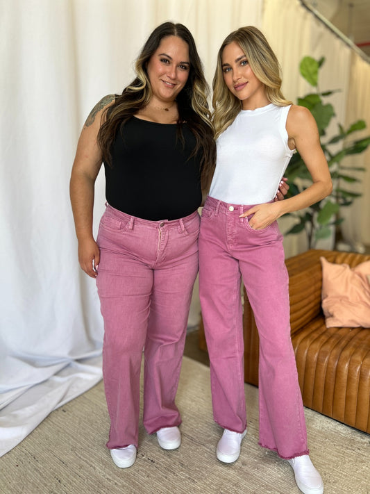 RFM High Rise Garment Dye Wide Leg Jeans - French Rose