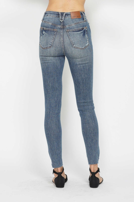 Judy Blue Tummy Control High Rise Vintage Wash Hem Destroy Skinny Jeans