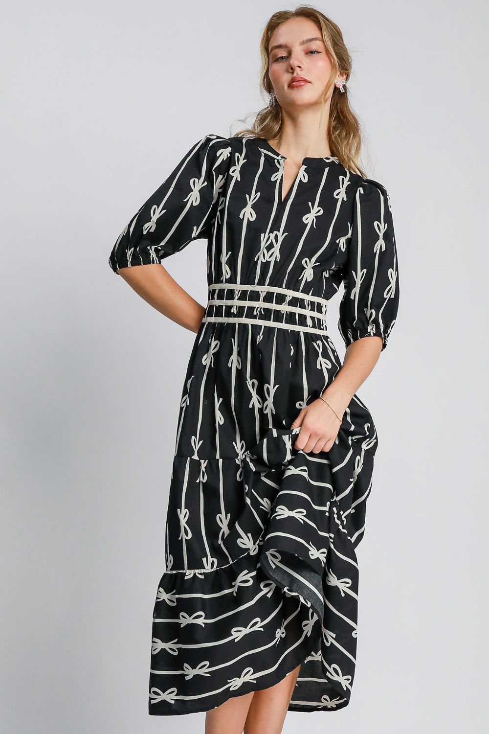 Bow Tie Print Notched Contrast Velvet Trim Midi Dress