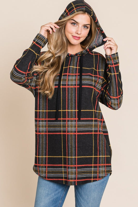 Drawstring Plaid Long Sleeve Hoodie - Black