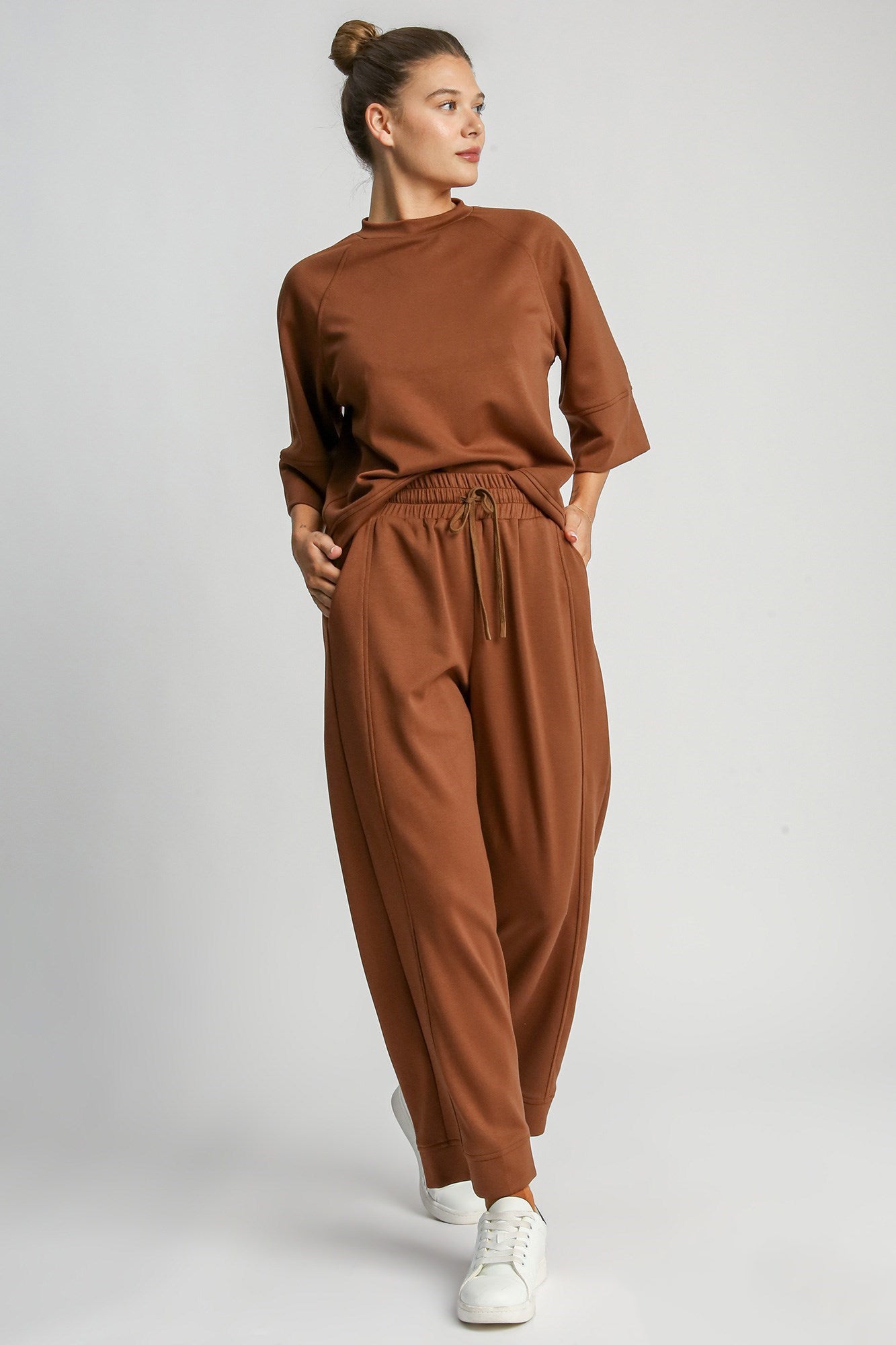 Drawstring Wide Leg Pants with Pockets - Rust