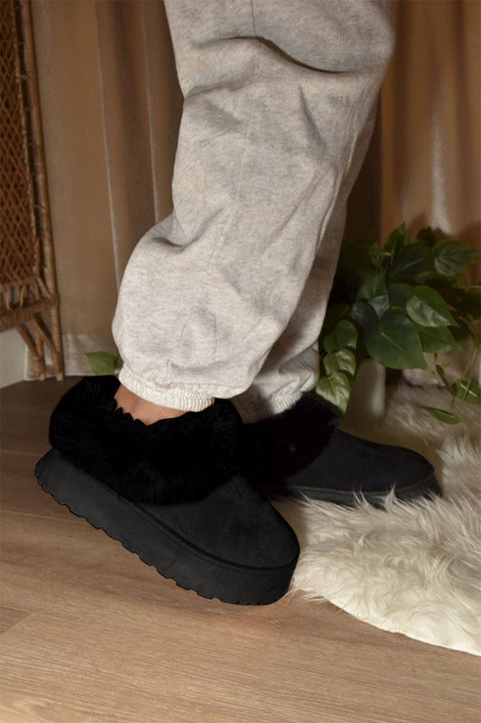 Warm Wishes Black Faux-Fur Platform Slip On Booties