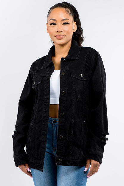 Button Up Distressed Denim Jacket - Black