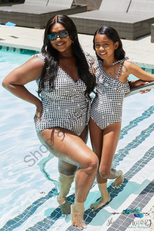 Marina West Swim Full Size Float On Ruffle Faux Wrap One-Piece In Black Plaid / S Swimwear
