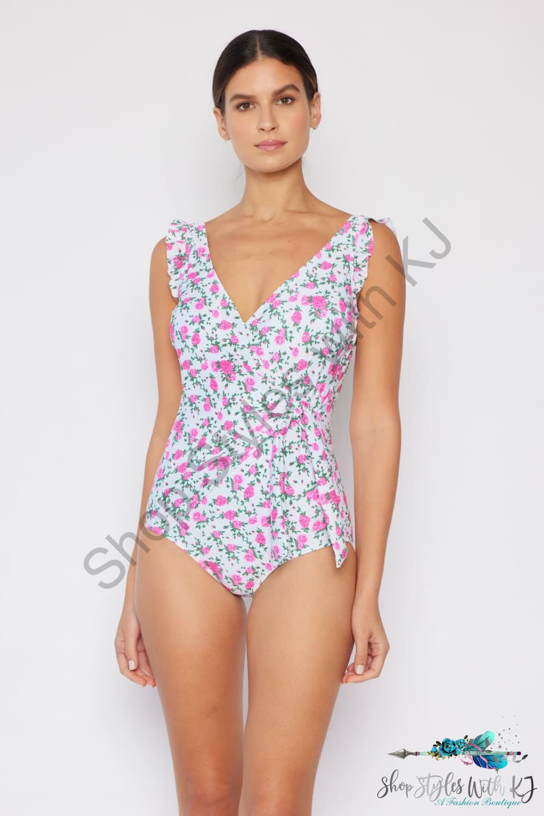 Marina West Swim Full Size Float On Ruffle Faux Wrap One-Piece In Roses Off-White Swimwear