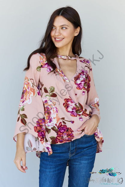Oddi Full Size Floral Bell Sleeve Crepe Top / S