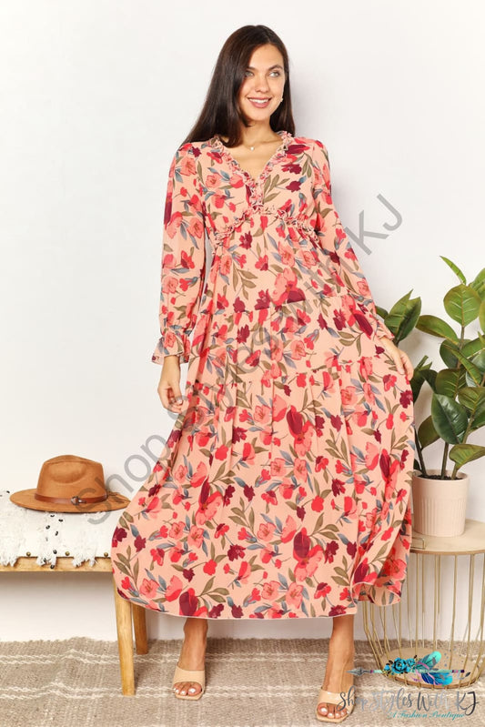 Double Take Floral Frill Trim Flounce Sleeve Plunge Maxi Dress / S