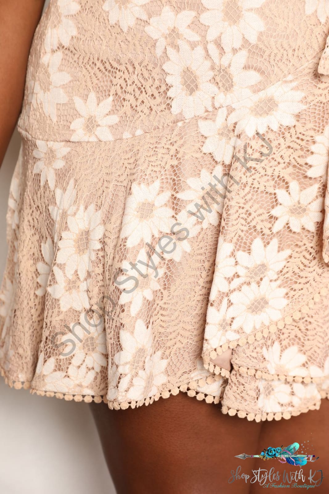 Double Take Floral Lace Pompom Detail Tie-Waist Flutter Sleeve Dress Dresses