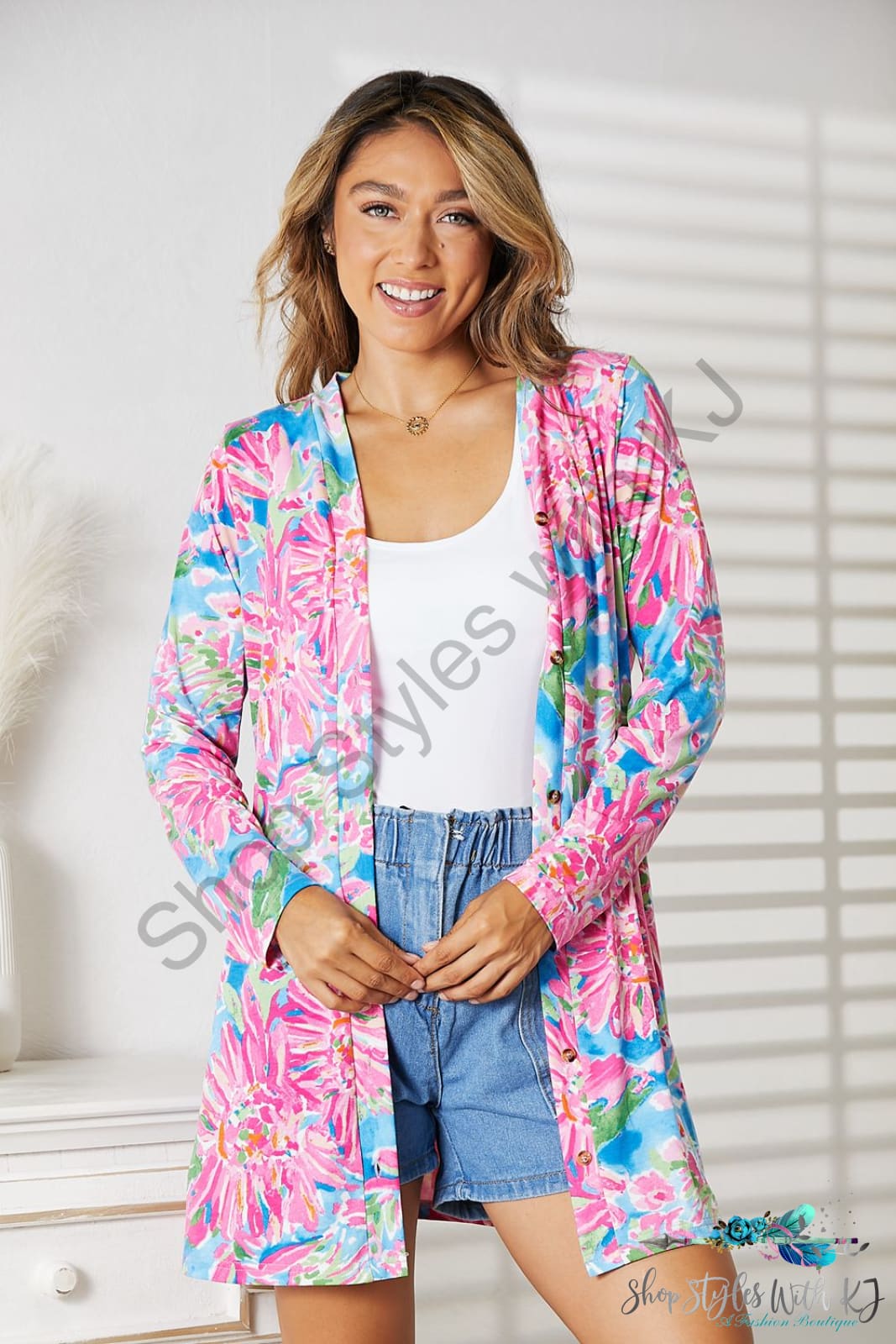 Double Take Floral Open Front Long Sleeve Cardigan