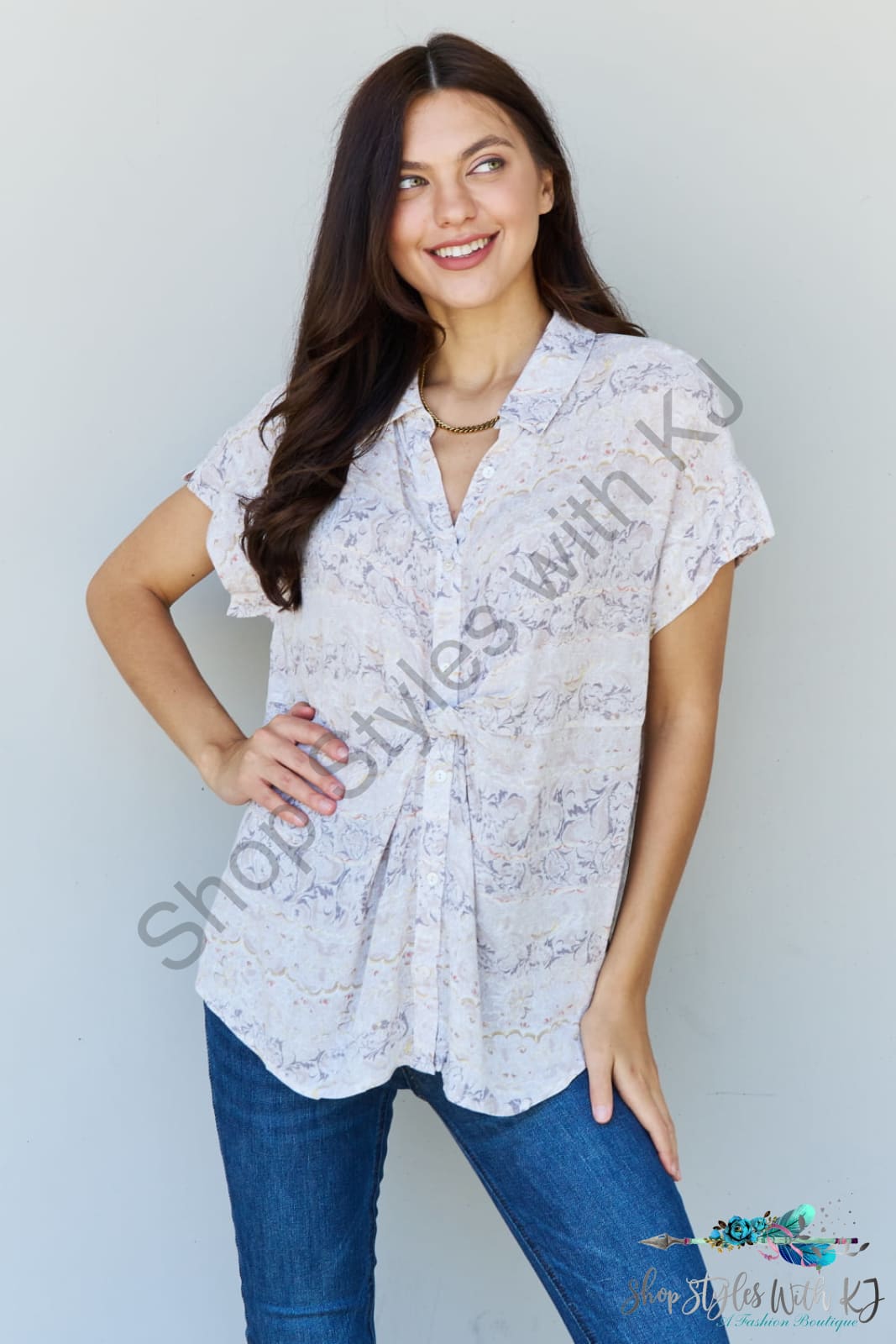 Oddi Full Size Floral Paisley Printeded Twist Tunic Top Taupe Grey / S