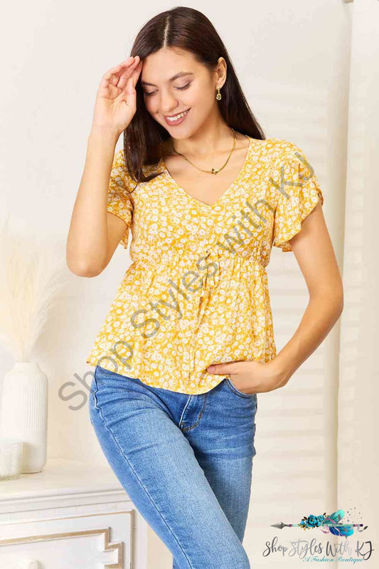 Double Take Floral Petal Sleeve Babydoll Top Mustard / S