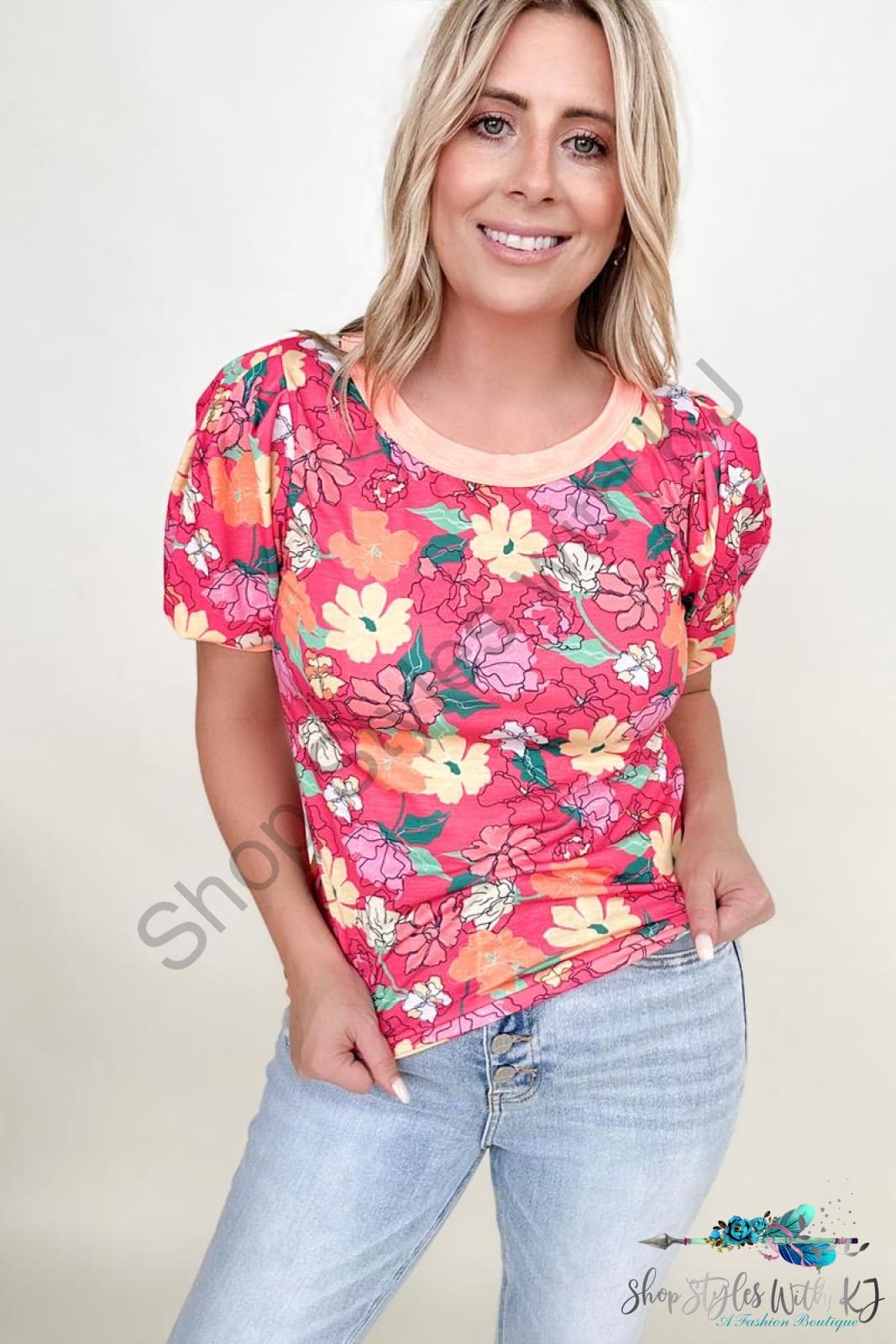 Bibi Floral Printed Jersey Knit Puff Sleeve Contrast Banded Top Tank Tops & Camis