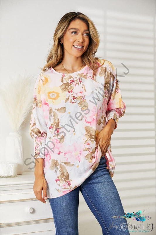Double Take Floral Round Neck Three-Quarter Sleeve Top Blush Pink / S