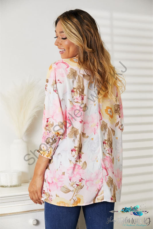 Double Take Floral Round Neck Three-Quarter Sleeve Top